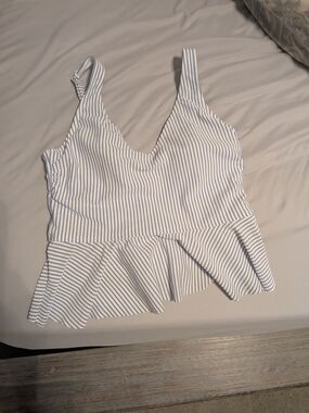Ruffle Butts Blue & White Striped Peplum Swim Top